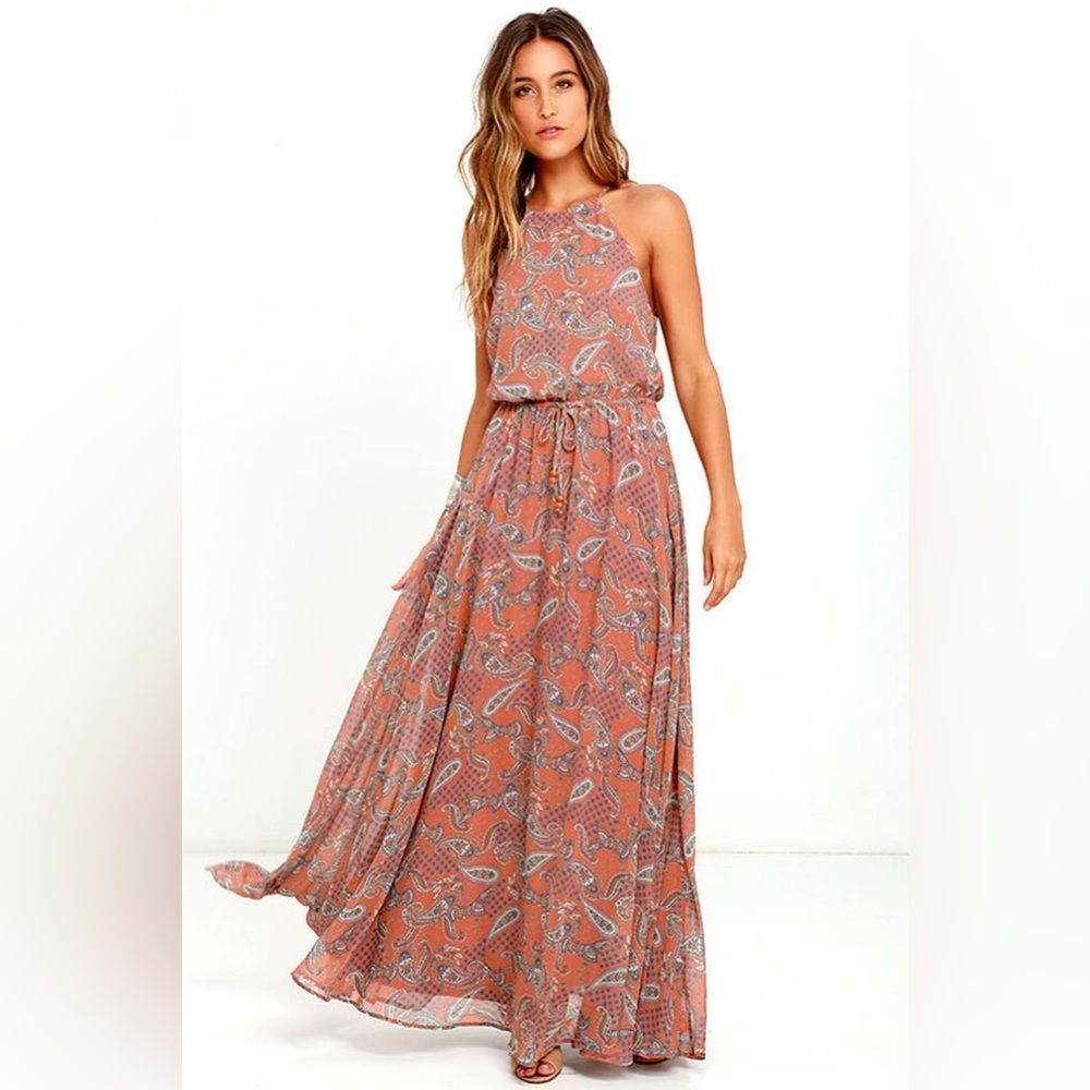 Lulu’s Gazebo Spirit Paisley Print Maxi Dress Rust Orange Size L
